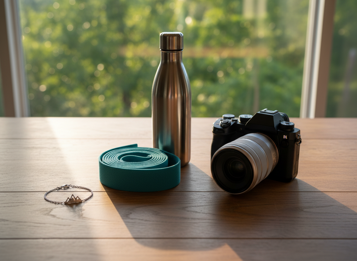 A playful, inviting flat lay scene representing a “sweet escape” day, featuring a neatly coiled resistance band, a sleek stainless-steel water bottle, a delicate silver bracelet with a tiny mountain charm, and a modern mirrorless camera with a bright prime lens. All items rest on a warm, textured wooden table set beside a large window overlooking lush greenery. Golden hour sunlight washes across the objects, creating soft, elongated shadows and gentle highlights on metal surfaces. Shot from a bird’s-eye perspective with shallow depth of field, the edges fall into a creamy blur. The atmosphere feels light, adventurous, and optimistic, in a photographic realism style with vibrant, natural colors that suggest outdoor training, jewelry, and photoshoots in perfect balance.